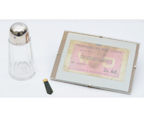 A silver mounted sugar castor, Chester 1927, with screw top, an Edwardian 9ct gold mounted nephrite jade pendant, Chester 190