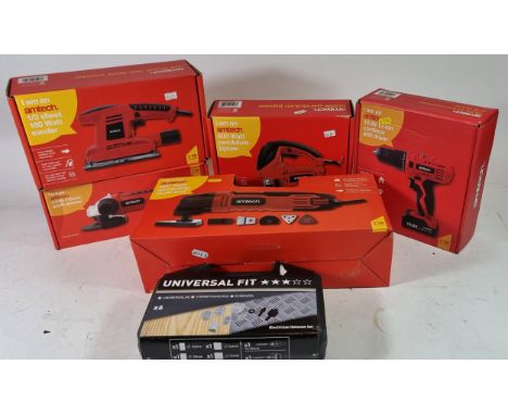 Five Amtech power tools, new old stock, to include a 10.8V Li-ion cordless driver, a 180W sander, a 710W angle grinder, a 280