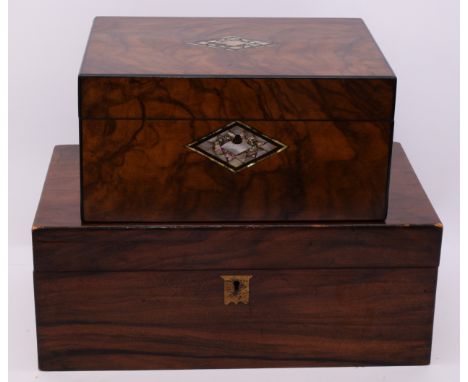 A Victorian walnut jewellery box, with mother of pearl inlaid escutcheon to the lid and key escutcheon, together with an Edwa