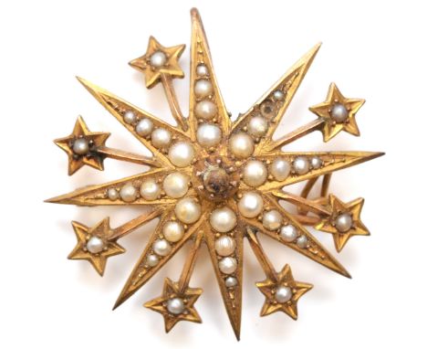 An Edwardian 9ct gold and half pearl star brooch/pendant, Chester 1904, lacking one ray and pendant bale, diameter 32mm, 4.9g