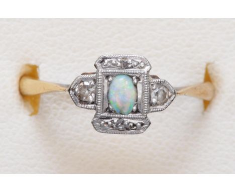 An Art Deco, 9ct and PLAT opal (chipped) and diamond panel ring, O, 1.5gm 