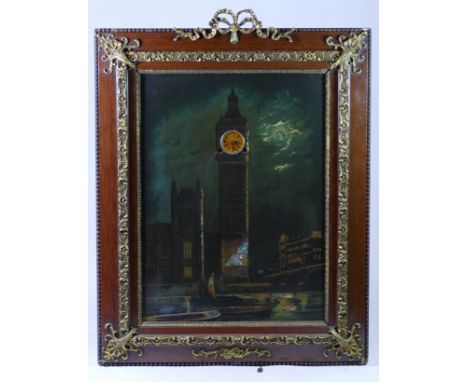 An early 20th century picture clock, depicting a moonlit scene of Big Ben and The Houses of Parliament over the Thames, with 