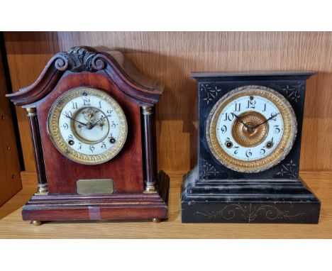 A 19th century American Ansonia mantel clock, mahogany case with 8 day movement striking on gong, 30cm tall, together with an