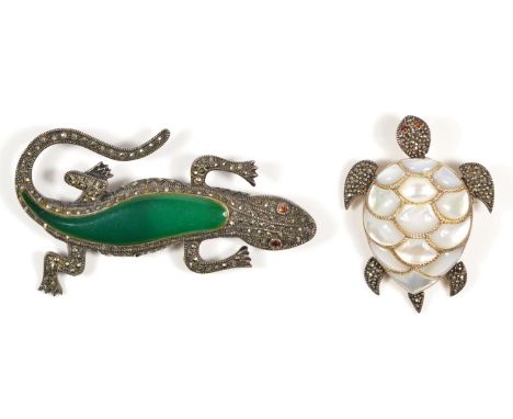 A silver and marcasite lizard brooch, 8cm and a silver, marcasite and mother of pearl turtle brooch, 36gm 