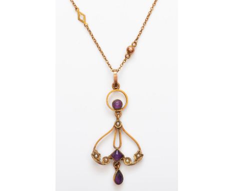 An Edwardian 9ct rose gold, amethyst and half pearl pendant, 38mm, 9ct tab to a period 9ct gold fancy link chain, 41cm, 3gm 