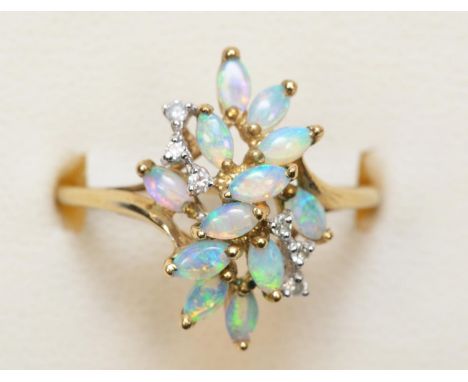 A 9ct gold opal and diamond cluster ring, O, 2.1gm 