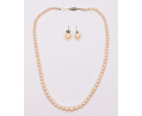 A graduated single row cultured pearl necklace, 8 - 3mm, 42cm, 9ct gold clasp, together with a pair of imitation pearl ear st