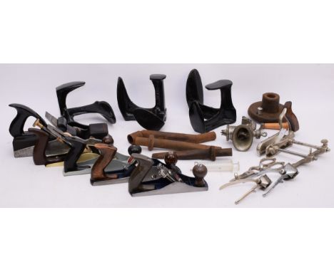 Five early 20th century and later wood planes, to include a Sorby &amp; Ward panel plane, 30cm long, a GTL smoothing plane, a