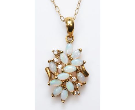 A 9ct gold opal and brilliant cut diamond leaf pendant, 20mm overall, chain, 2gm 