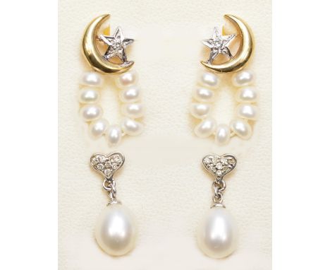 A pair of 9ct gold diamond and 7mm bead cultured pearl ear rings and a 9ct gold crescent moon pearl and diamond ear rings. 