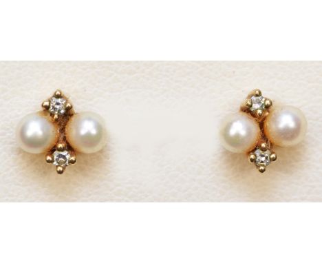 A 9ct gold pair of cultured pearl and diamond ear studs, 1.4gm 