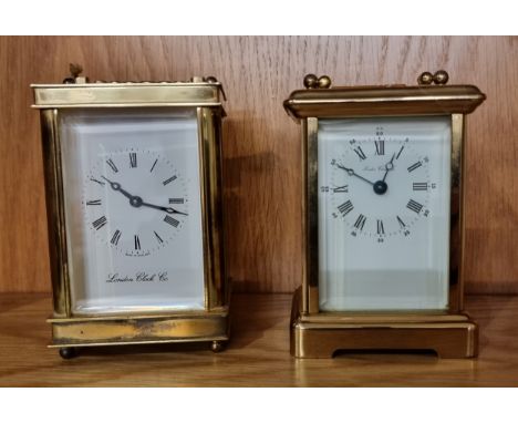 Two English 8 day brass carriage clocks, by London Clock Co.12cm tall. (2) 
