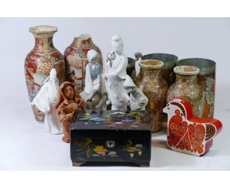 A pair of Oriental copper and brass planters, together with a matching pitcher, porcelain figures, Japanese vases, a Carltonw