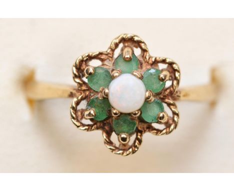 A 9ct gold opal and emerald cluster ring, M, 2.1gm 