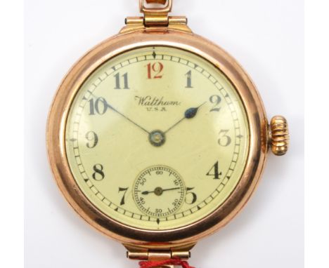 Waltham, a 9ct rose gold manual wind wristwatch, Birmingham 1927, 28mm, expanding bracelet, 30gm, spares or repair, balance O