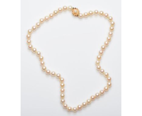 A single row uniform 7mm bead cultured pearl necklace, 44cm, 9ct gold clasp 