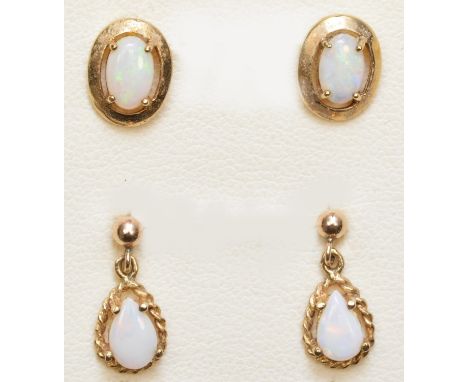 Two pairs of 9ct gold opal ear rings, 1.8gm 