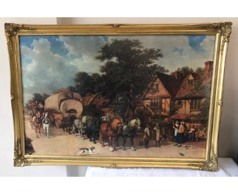 A large gilt framed print by John F. Herring snr, 'Road Anterior to the Rails' 60 x 90cm. 
