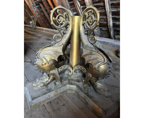 Two very good quality 19thC ornate brass gas light fittings, the base surrounded by four sea wyverns, bases 59cm h and tops 6