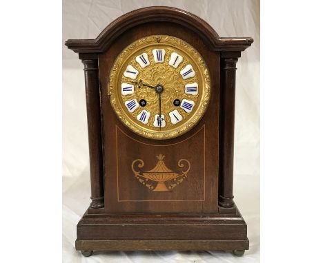 A mahogany inlaid mantle clock on bun feet, 33cm h x 23cm w Raingo-Frères Paris 3349 stamped to back of movement. 