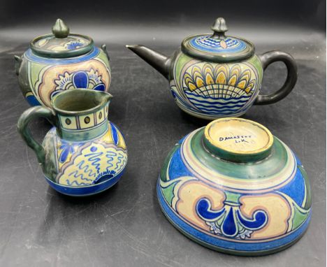 Four pieces of vintage ceramics marked to base ‘ Damascus’, to include teapot, lidded sucrier, jug and bowl. 