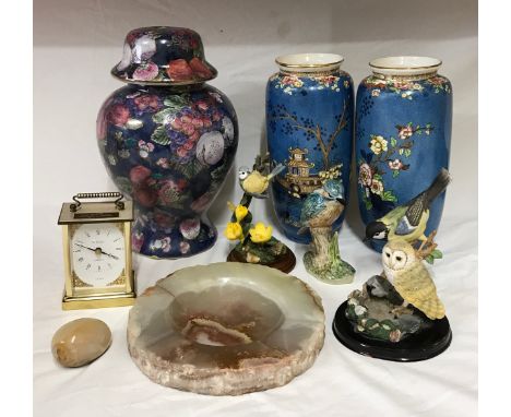 A miscellaneous lot to include a pair of Chinese vases, an Adderley vase and lid, four figure of birds from The house of Vale