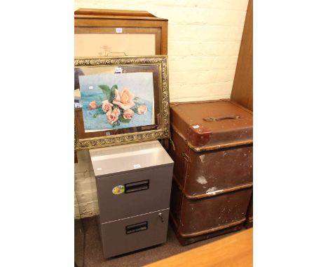 Vintage canvas bound trunk, two drawer filing cabinet, two firescreens and frameless mirror and footstool (6).