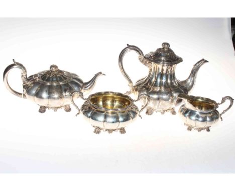 George IV silver four piece service, coffee pot by Richard Atkins and Nathaniel Somersall, London 1829, teapot, sugar and mil