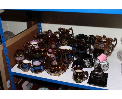 Collection of lustre wares including teapots, jugs, lidded jar, goblets, silver lustre, c1820 jug, etc.