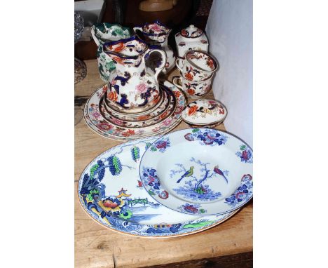 Assorted Masons china including Mandalay jugs, tea caddy, plates, Chartreuse jug, Wood &amp; Sons oval plate and bowl.