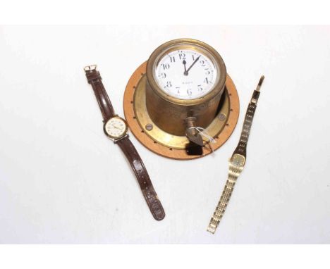 Automobile 8-day dashboard clock, cylindrical case 8cm diameter. Together with two wristwatches 