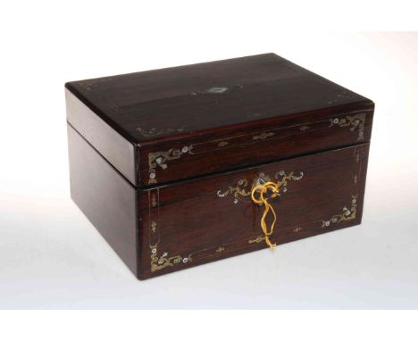 Good Victorian inlaid rosewood dressing box with eight silver topped jars hallmarked for London 1849, and mother of pearl han