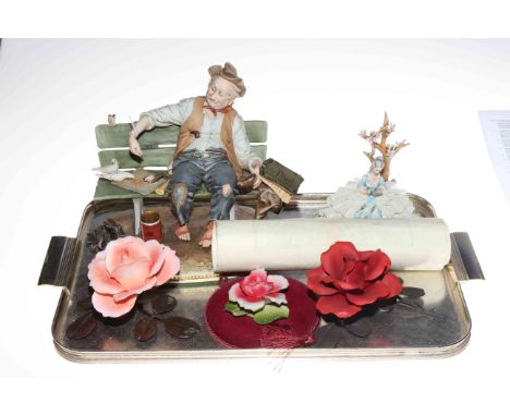 B.Merli Tramp on Bench, Capo di Monte Crinoline Lady and three porcelain flowers.