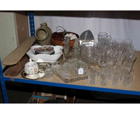 Box of tools including motorcycle tools, Royal Doulton golf paperweight, crystal glassware, etched finger bowls, Rosenthal, M
