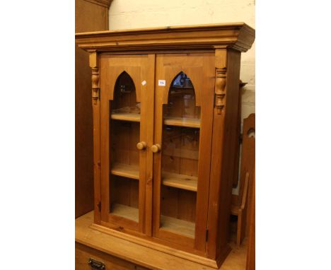 Oak leaded glass four door cabinet bookcase, pine glazed door wall cabinet and needlework panel folding firescreen-table (3).