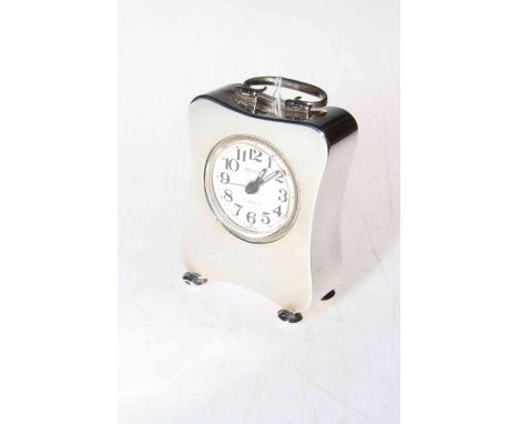 Silver boudoir clock in hour glass shape with German DELUXE movement, Birmingham 1911, 10cm high including handle.