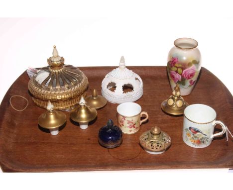 Royal Worcester rose vase, blush miniature mug, bird decorated cup and selection of vase and pot pourri lids.