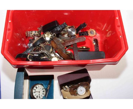 Box of contemporary wristwatches including silver pocket watch.