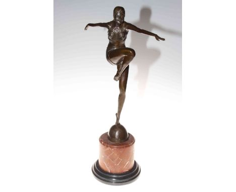 Art Deco style bronze model of a dancing lady on marble base, 56cm.