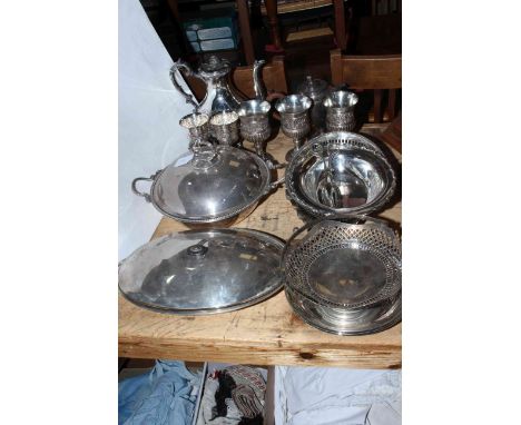 Collection of silver plated ware including coffee pot, vegetable dish, goblets, etc.
