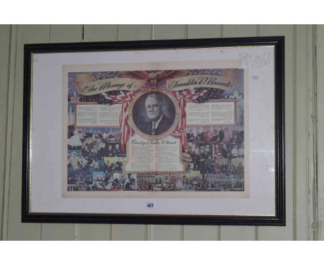 Framed and glazed poster print 'The Message of Franklin D. Roosevelt', 56cm by 81cm overall.