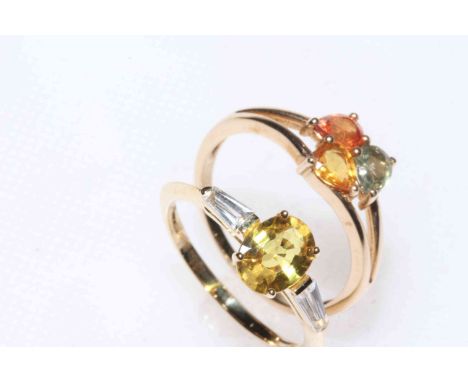 9 carat gold, yellow sapphire and zircon ring, and 9 carat gold three colour sapphire ring (2).