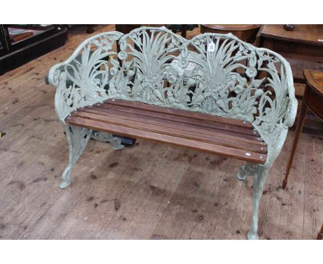 Coalbrookedale style wheat and floral pattern garden bench, 82cm by 115cm.