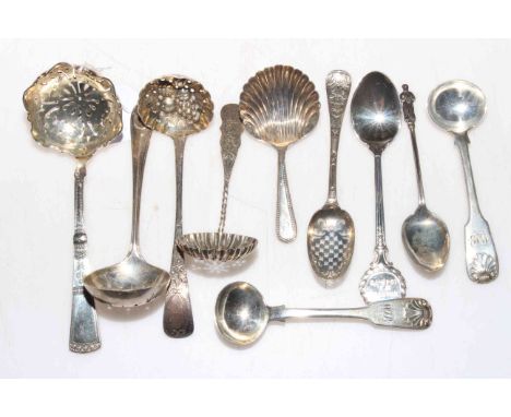 Collection of four silver sifting spoons (one George III), antique mote spoon, caddy and salt spoons, and two others (10).