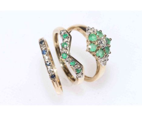 Two 9 carat gold, emerald and diamond rings, both size K/L and 9 carat gold, sapphire and diamond ring (3).