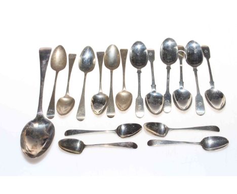 Two sets of six early 19th Century silver teaspoons, four more teaspoons and single tablespoon (17).