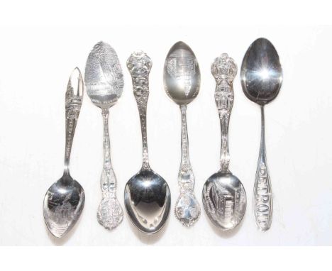 Six U.S. sterling silver ornate souvenir teaspoons for Detroit, Baltimore, Michigan, Connecticut, New York and Canada.
