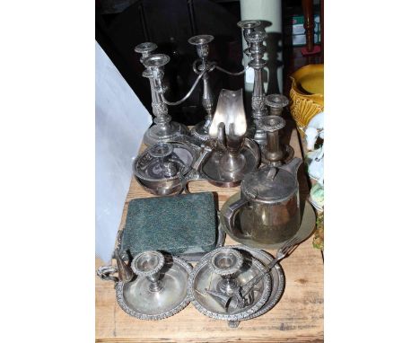 Collection of silver plated ware including candelabra, candlesticks, chamber sticks, etc.