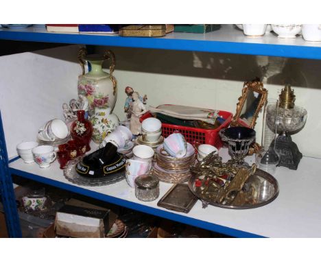 Silver topped glass jar, oil lamp, teawares, metalwares, jewellery boxes.