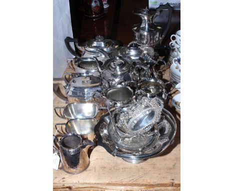 Good collection of silver plate including three tea sets, coffee pot, dishes, etc.